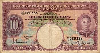 Malaya $10 from 1940: Original Issue