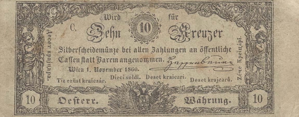 Front of Austria pA95: 10 Kreuzeris from 1860