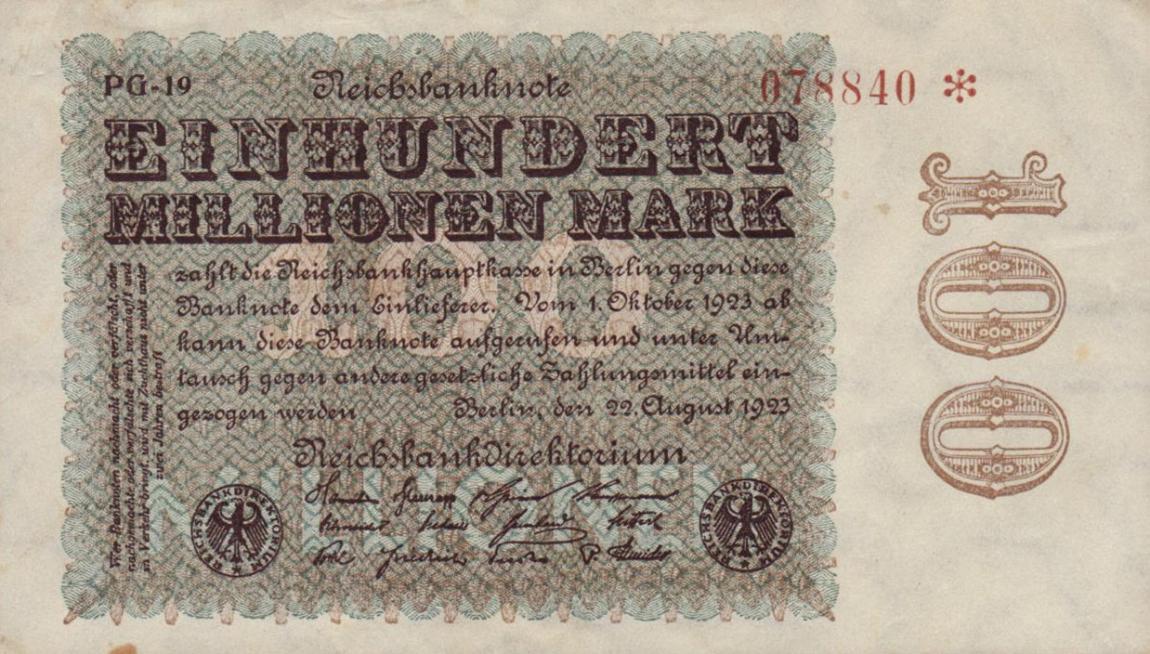 Front of Germany p107f: 100000000 Mark from 1923