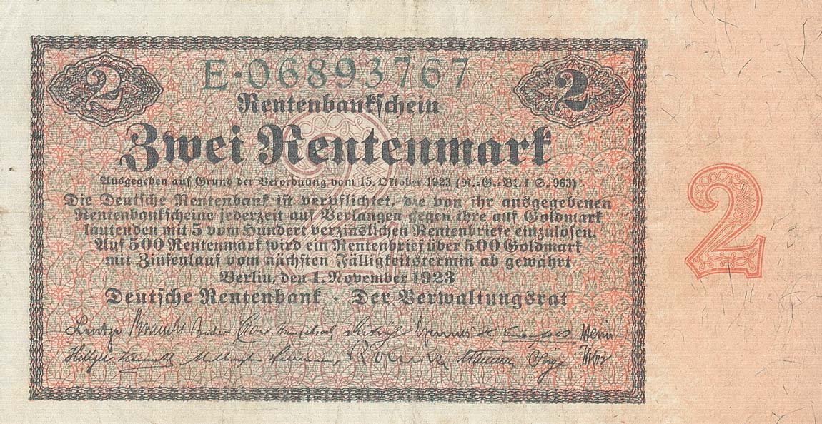Front of Germany p162a: 2 Rentenmark from 1923