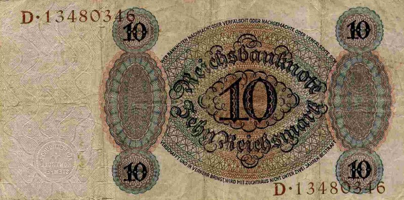 Back of Germany p175: 10 Reichsmark from 1924
