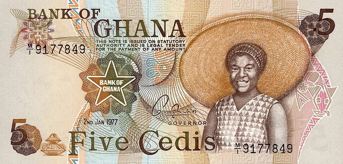 Front of Ghana p15b: 5 Cedis from 1977