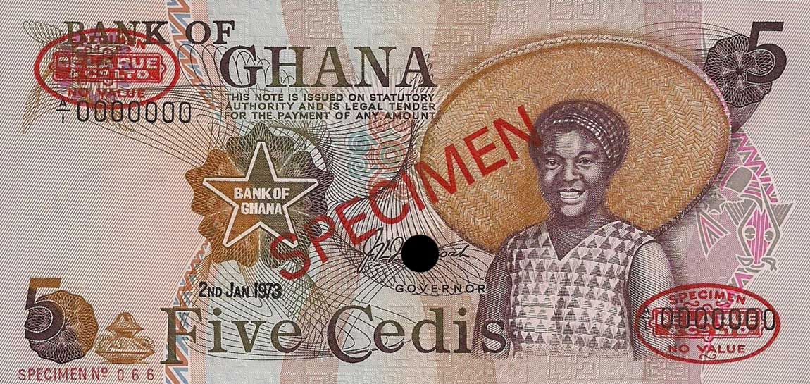 Front of Ghana p15s: 5 Cedis from 1973