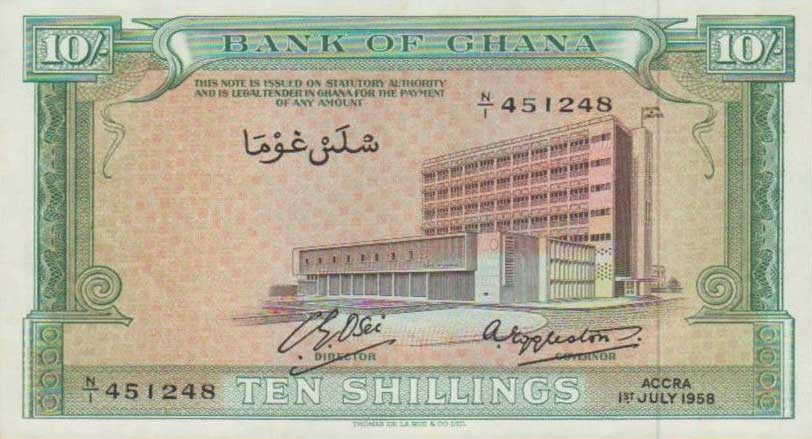 Front of Ghana p1a: 10 Shillings from 1958