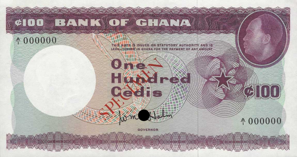 Front of Ghana p9s: 100 Cedis from 1965
