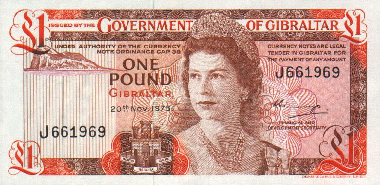 Front of Gibraltar p20a: 1 Pound from 1975
