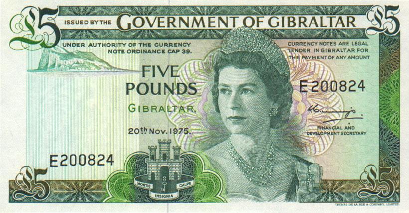 Front of Gibraltar p21a: 5 Pounds from 1975