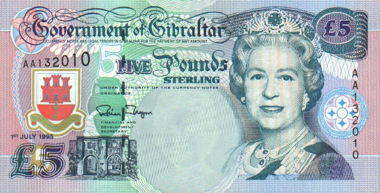 Front of Gibraltar p25a: 5 Pounds from 1995