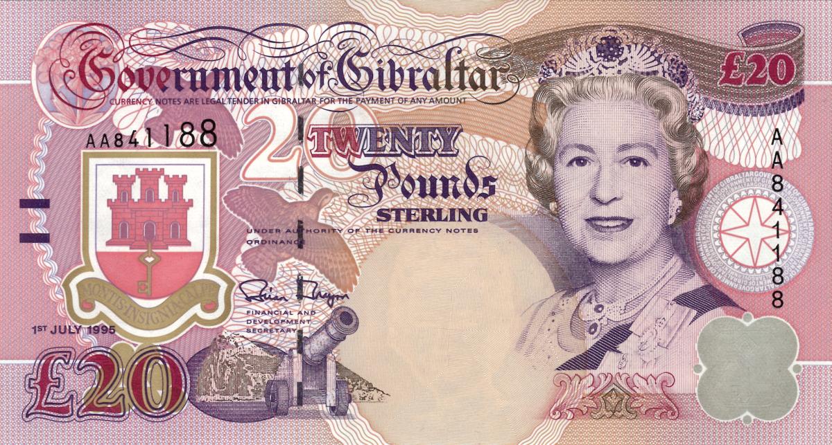 Front of Gibraltar p27a: 20 Pounds from 1995