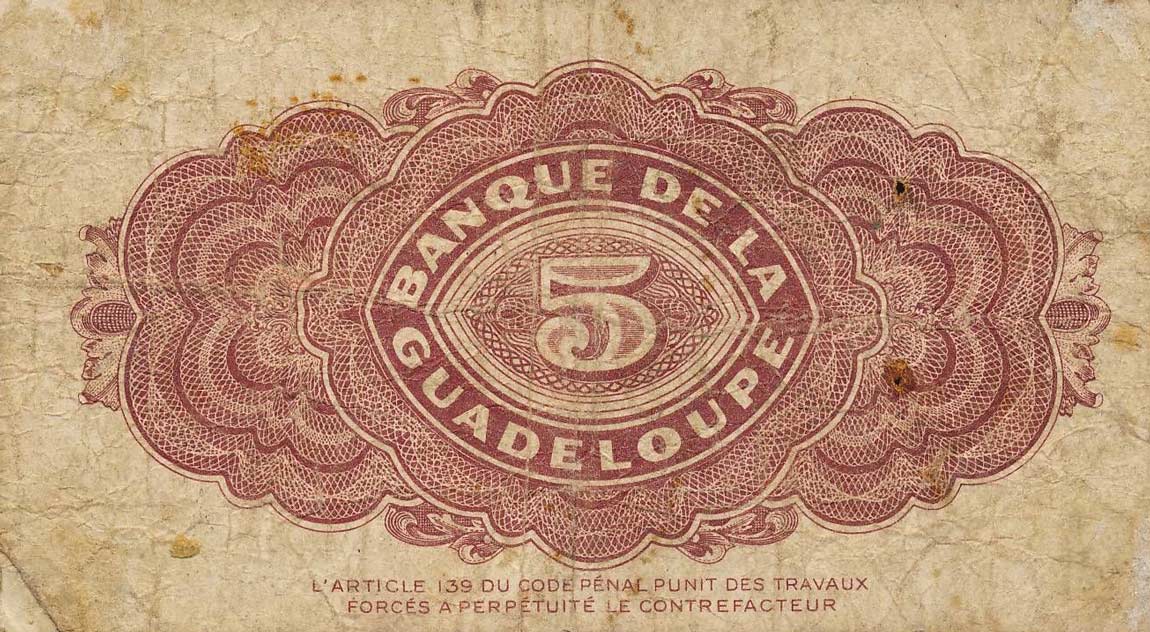 Back of Guadeloupe p21a: 5 Francs from 1942