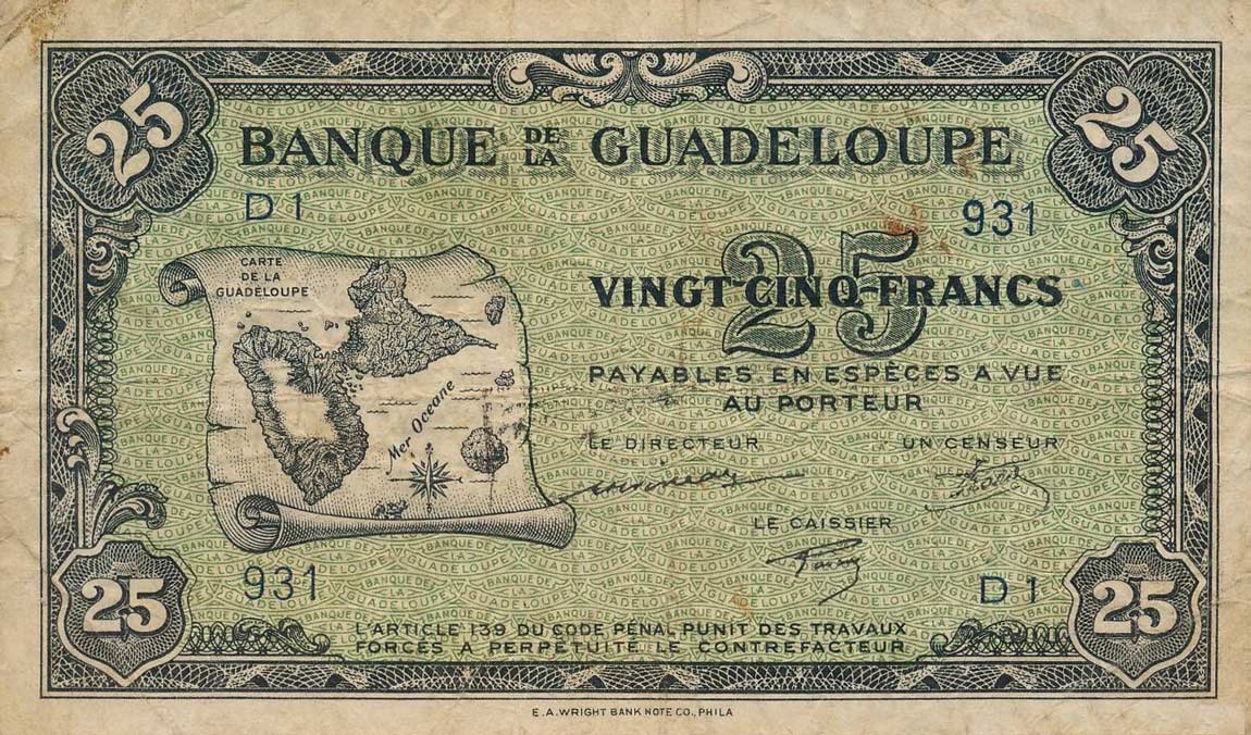 Front of Guadeloupe p22a: 25 Francs from 1942