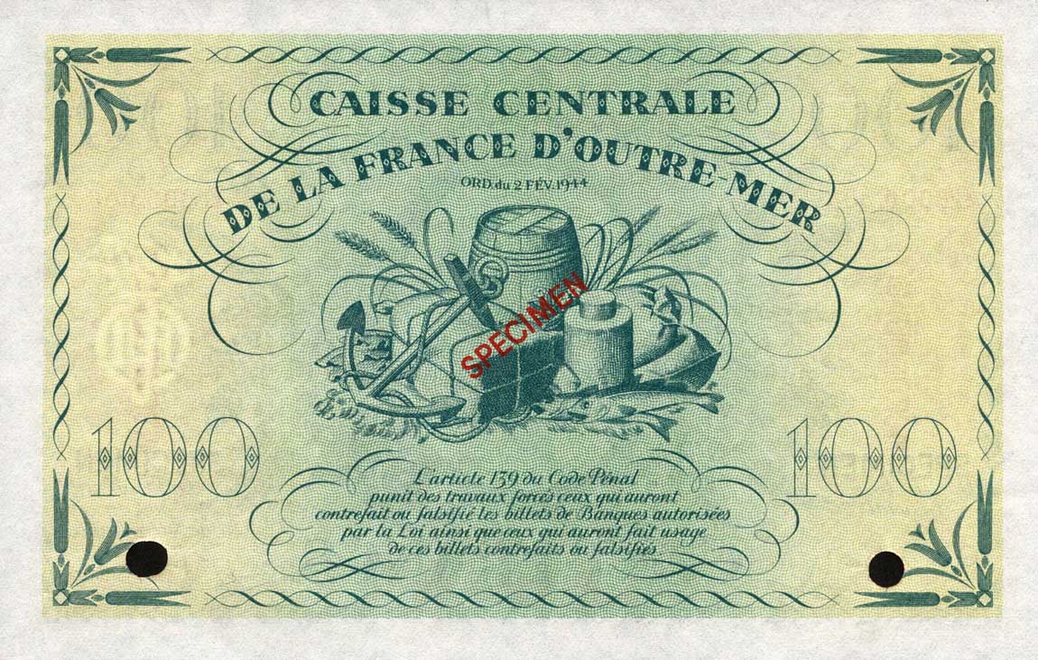 Back of Guadeloupe p29s: 100 Francs from 1944