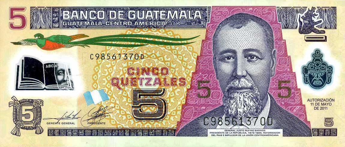Front of Guatemala p122b: 5 Quetzales from 2011
