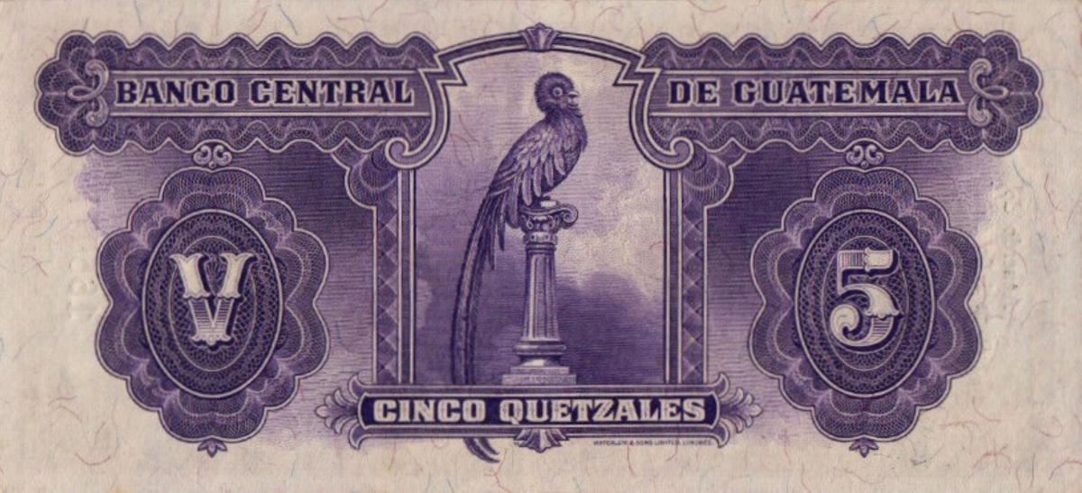 Back of Guatemala p16a: 5 Quetzales from 1934