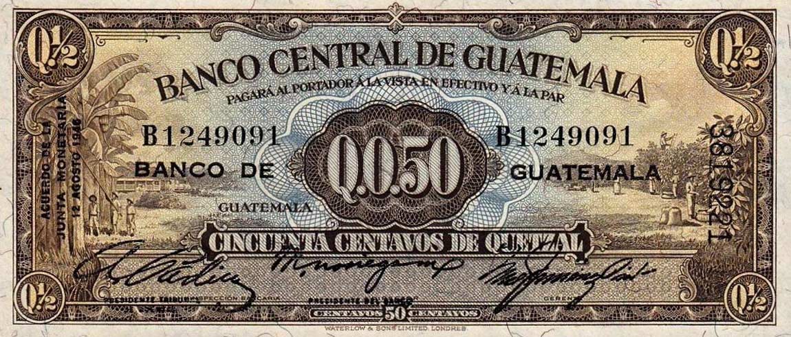 Front of Guatemala p19a: 0.5 Quetzal from 1946