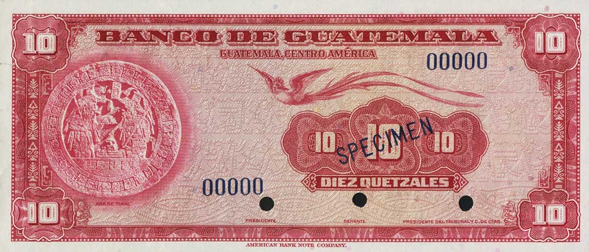 Front of Guatemala p26s: 10 Quetzales from 1948