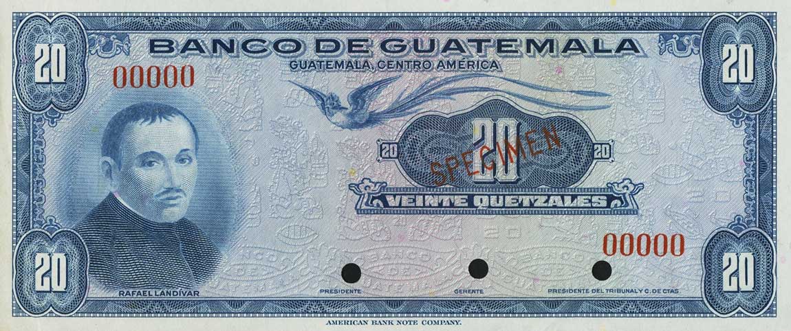 Front of Guatemala p27s: 20 Quetzales from 1948