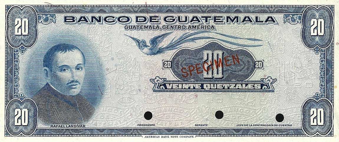Front of Guatemala p39s: 20 Quetzales from 1963