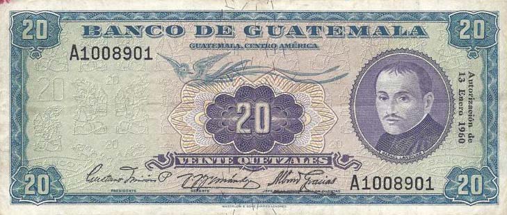 Front of Guatemala p48a: 20 Quetzales from 1960