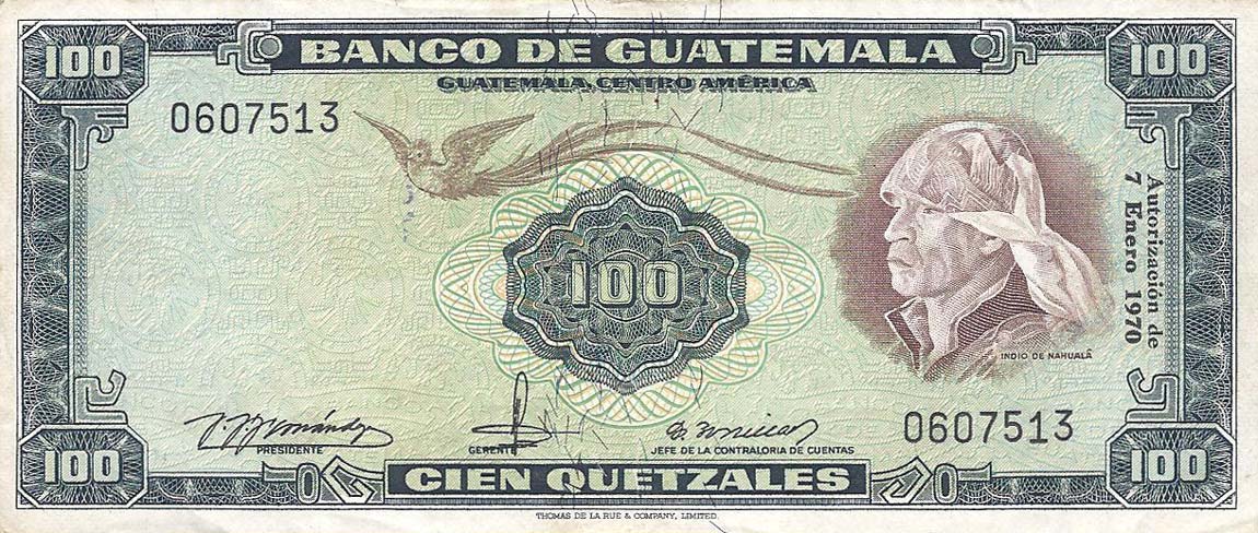 Front of Guatemala p57e: 100 Quetzales from 1970