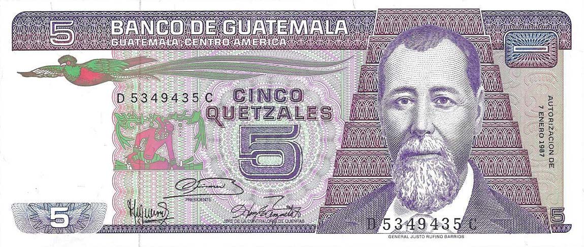 Front of Guatemala p67: 5 Quetzales from 1983