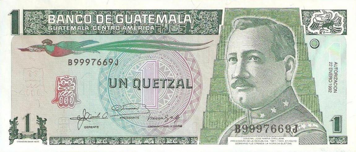 Front of Guatemala p73c: 1 Quetzal from 1992