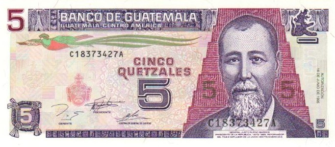 Front of Guatemala p88a: 5 Quetzales from 1993
