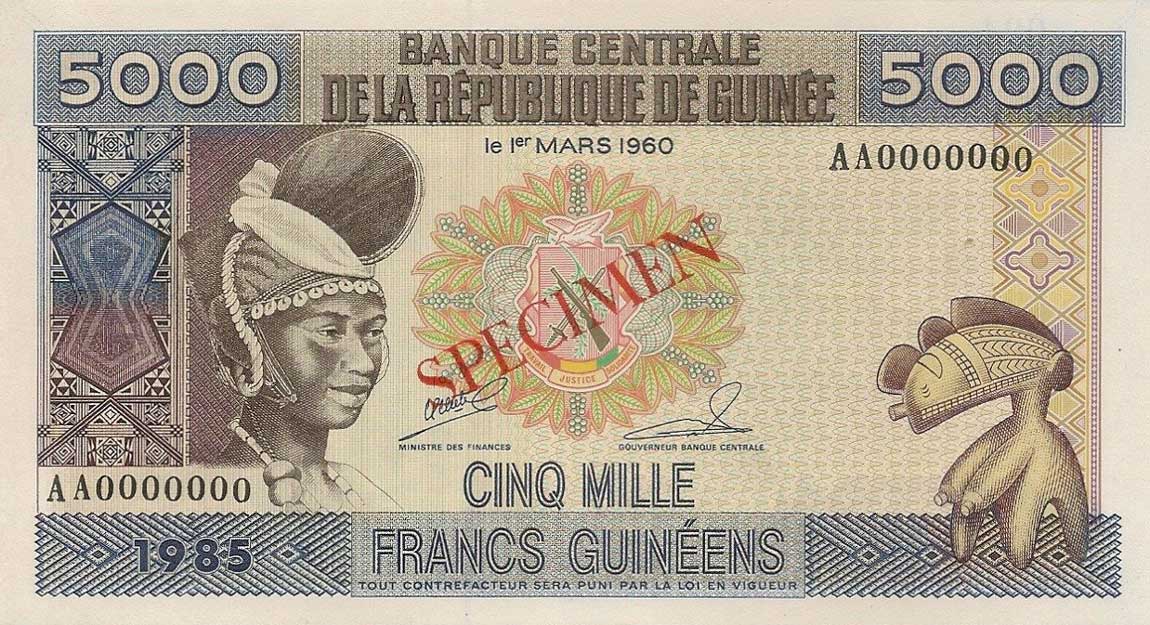 Front of Guinea p33s: 5000 Francs from 1985