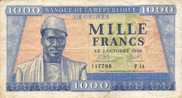 Front of Guinea p9a: 1000 Francs from 1958