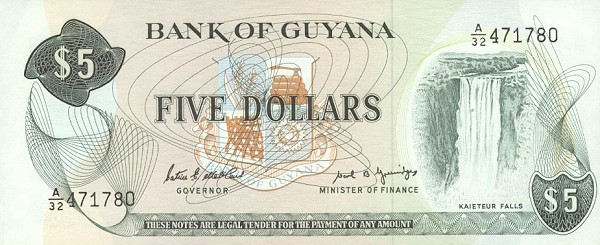 Front of Guyana p22e: 5 Dollars from 1966