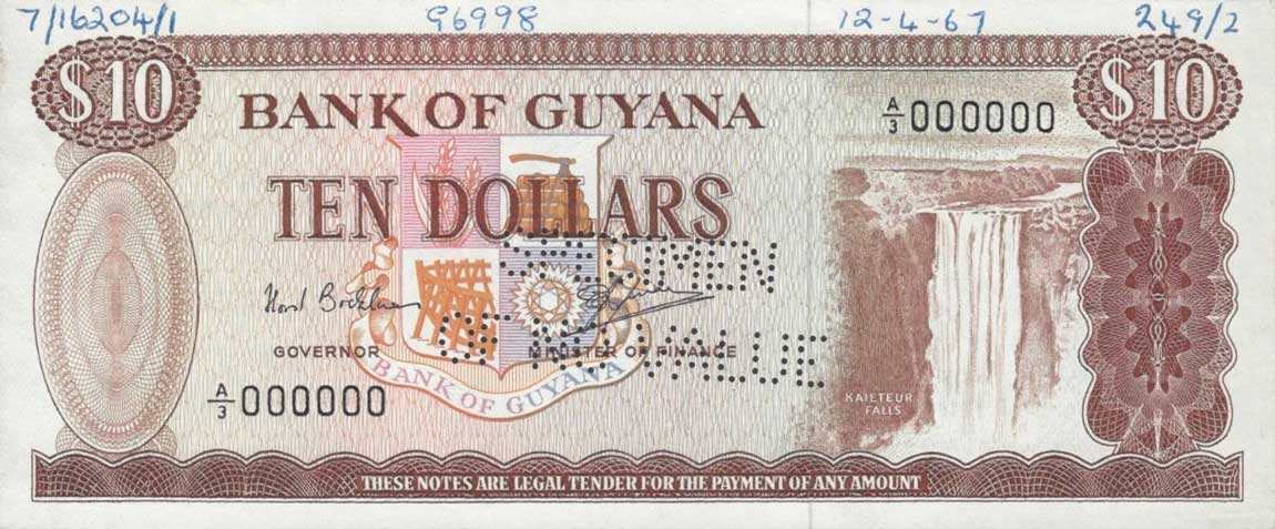 Front of Guyana p23s: 10 Dollars from 1966