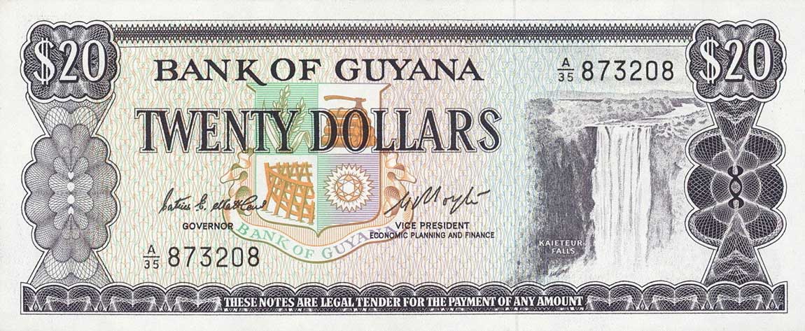 Front of Guyana p24c: 20 Dollars from 1966