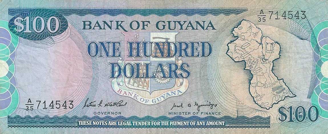 Front of Guyana p28: 100 Dollars from 1989