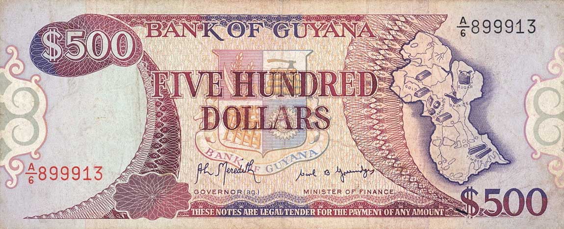 Front of Guyana p29a: 500 Dollars from 1992
