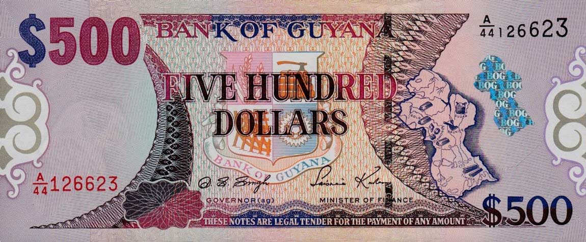 Front of Guyana p34b: 500 Dollars from 2002