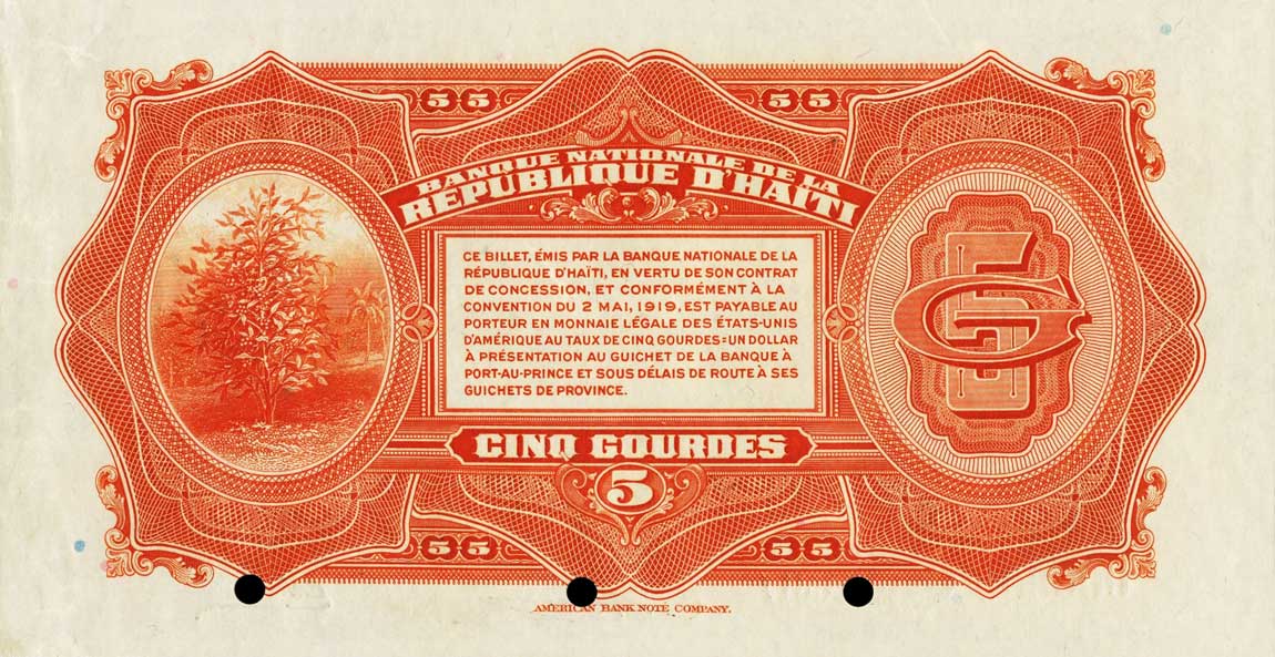 Back of Haiti p152s: 5 Gourdes from 1919