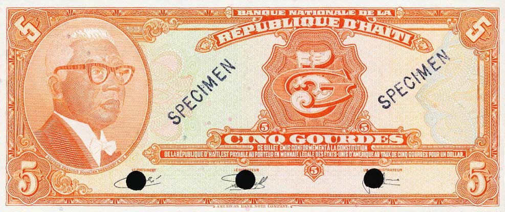 Front of Haiti p212s: 5 Gourdes from 1973