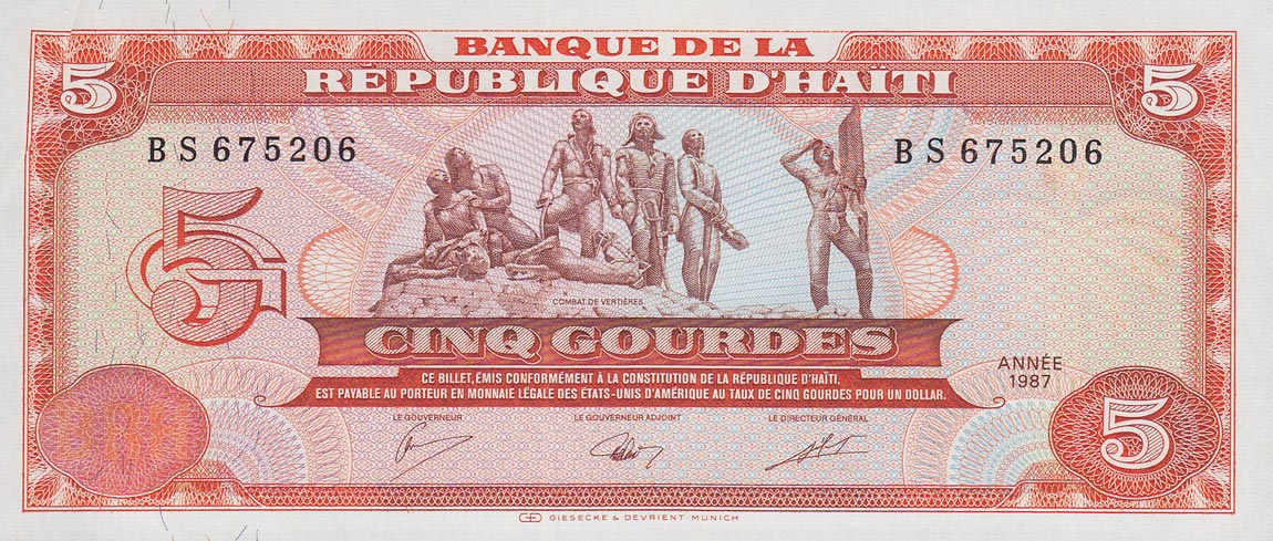Front of Haiti p246a: 5 Gourdes from 1987