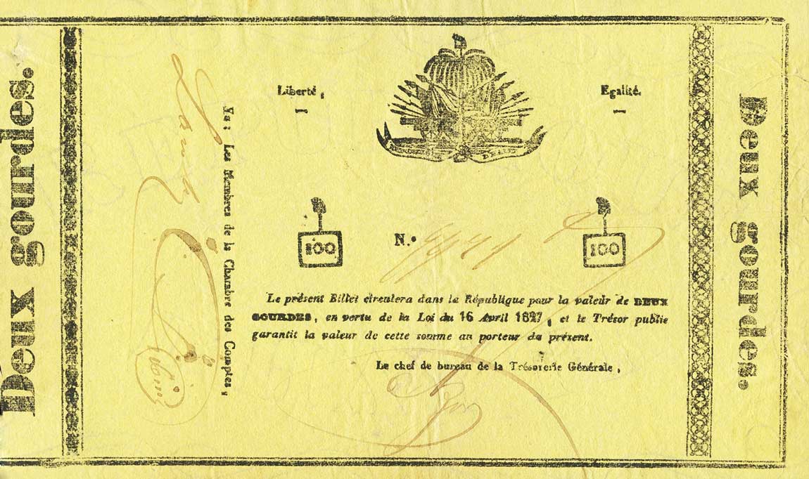 Front of Haiti p2c: 2 Gourdes from 1827