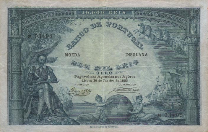 Front of Azores p10: 10 Mil Reis Ouro from 1905