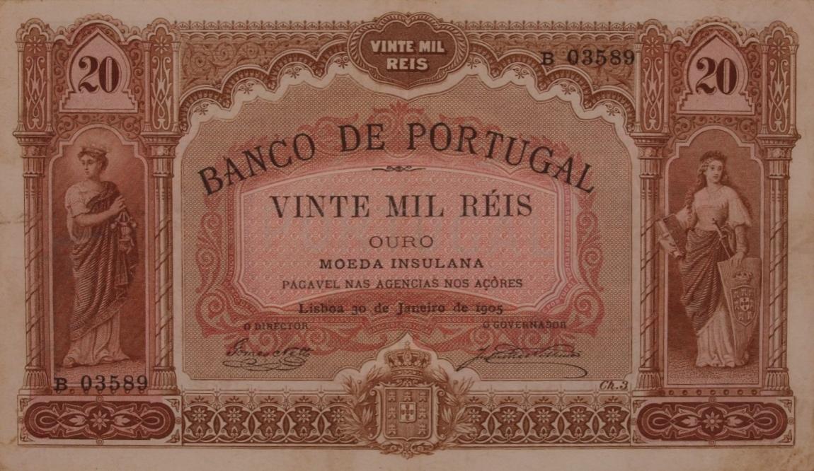 Front of Azores p13: 20 Mil Reis Ouro from 1905