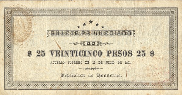 Front of Honduras p15: 25 Pesos from 1891