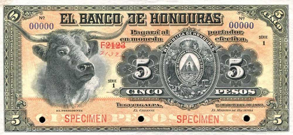 Front of Honduras p22s: 5 Pesos from 1889