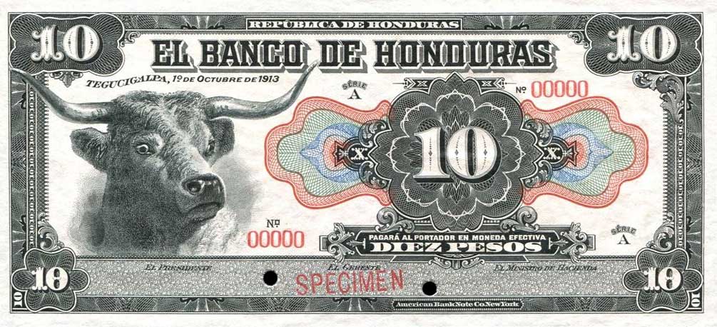 Front of Honduras p25s: 10 Pesos from 1913