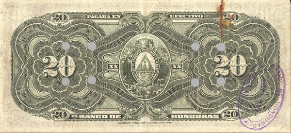 Back of Honduras p26a: 20 Pesos from 1913