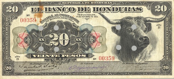 Front of Honduras p26a: 20 Pesos from 1913