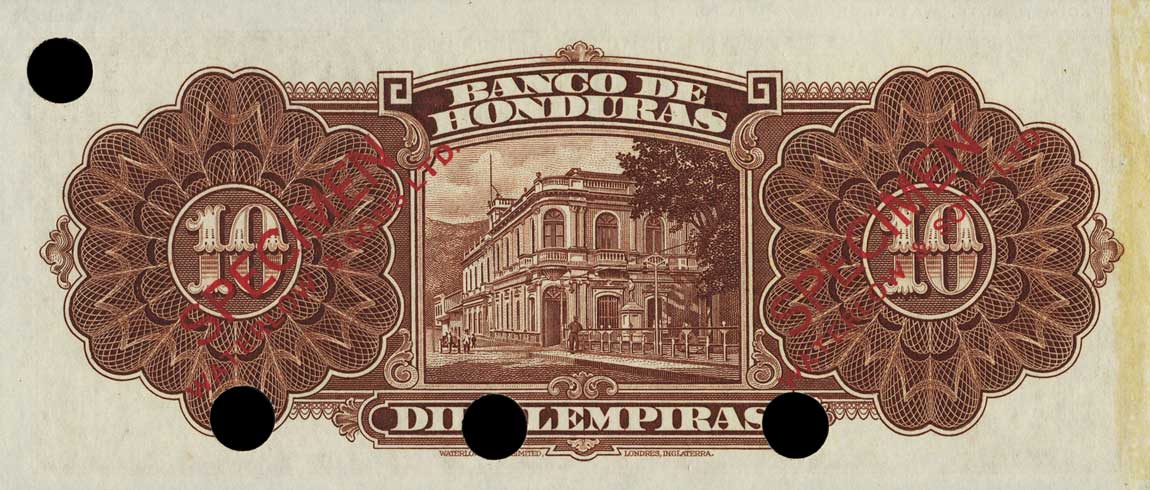 Back of Honduras p37s: 10 Lempiras from 1932