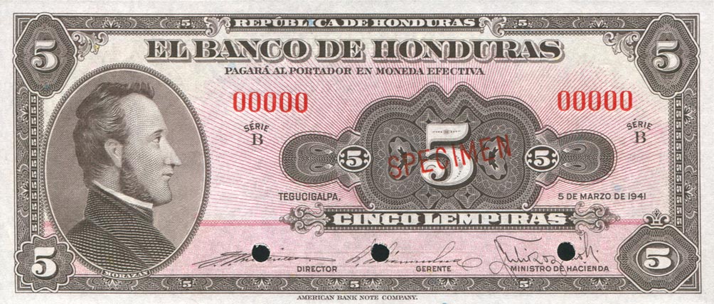 Front of Honduras p42s: 5 Lempiras from 1941