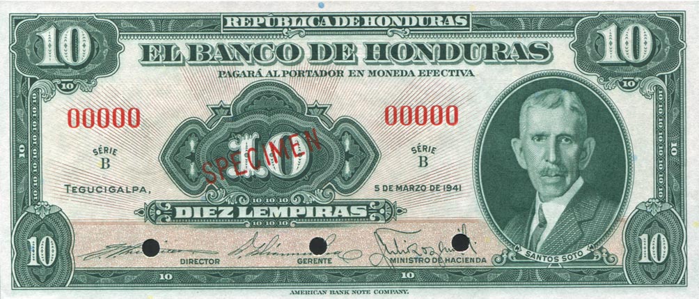 Front of Honduras p43s: 10 Lempiras from 1941