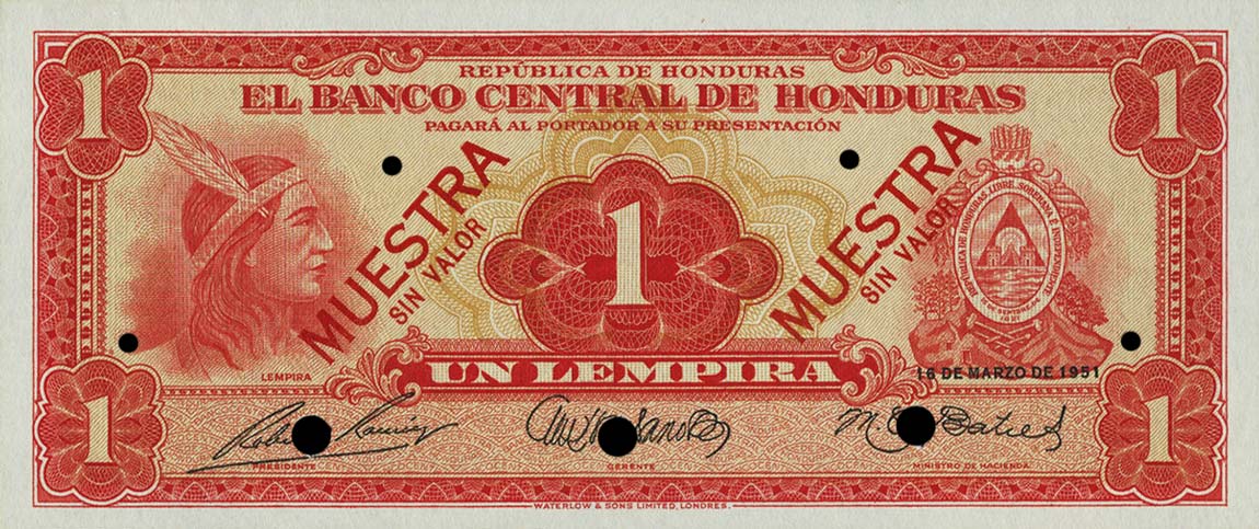 Front of Honduras p45s: 1 Lempira from 1951
